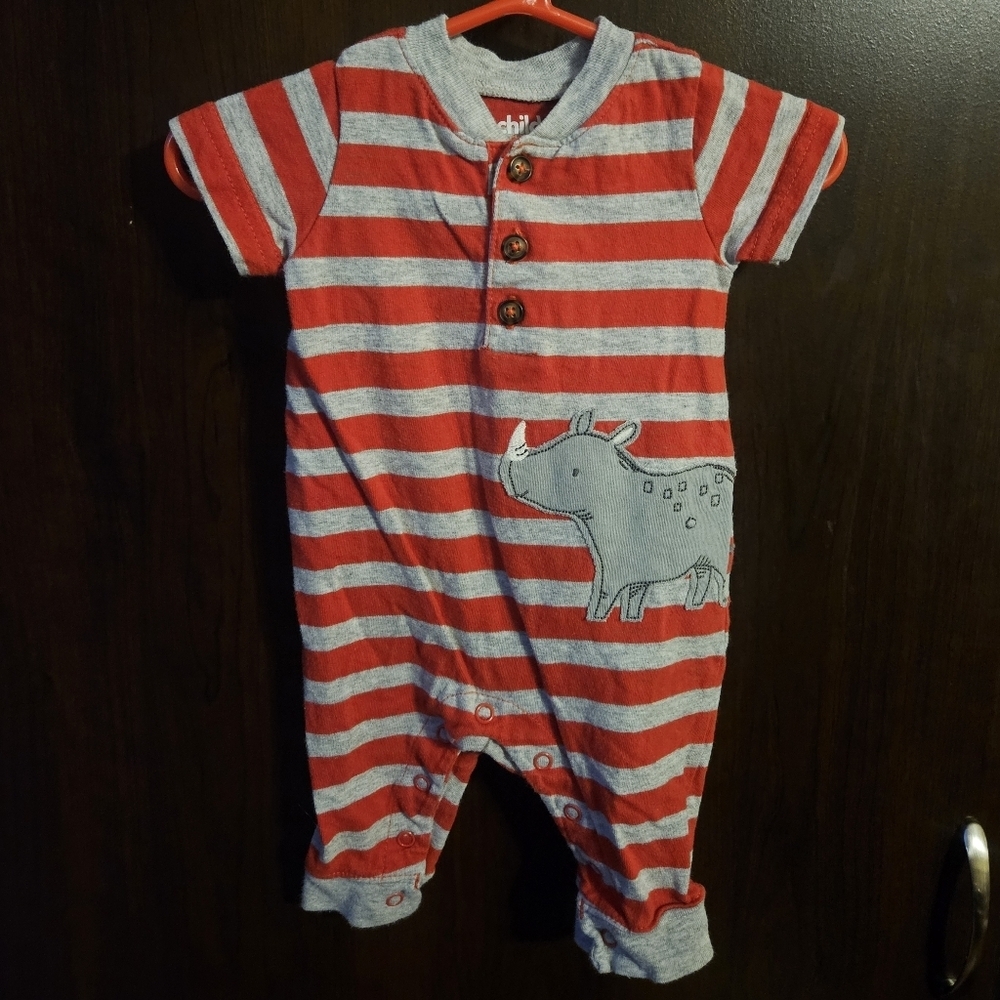 Child Of Mine Red and Gray Striped Bodysuit with Rhino